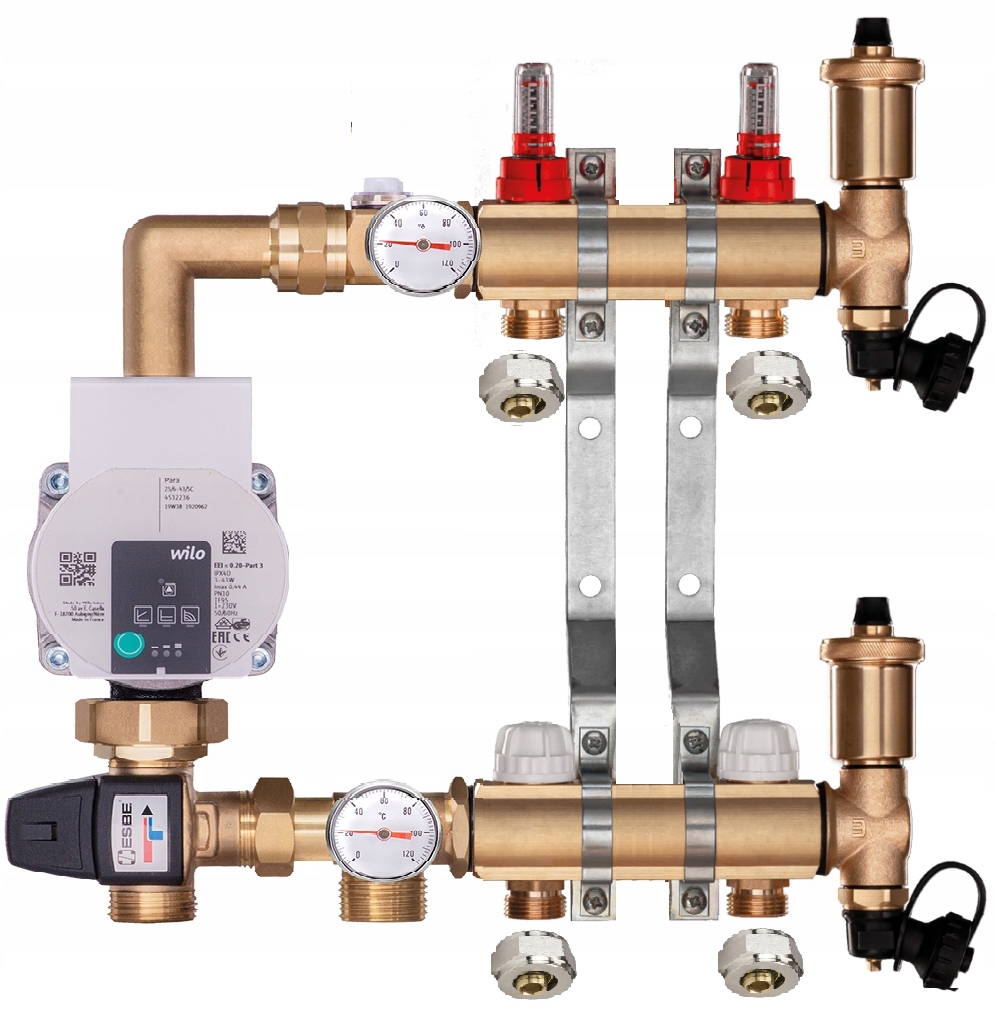 Mosazný rozdělovač pro podlahovku 2 s Čerpací Skupinou Wilo Pex Spojky