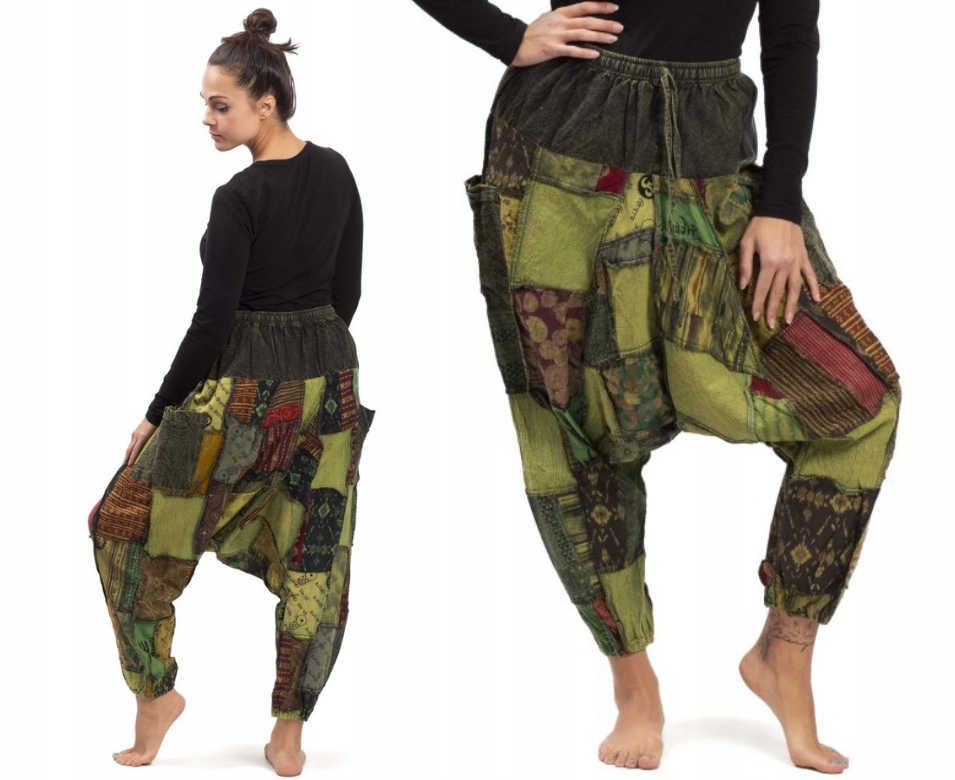 Bavlněné harémové kalhoty aladinky šedé, patchworkové