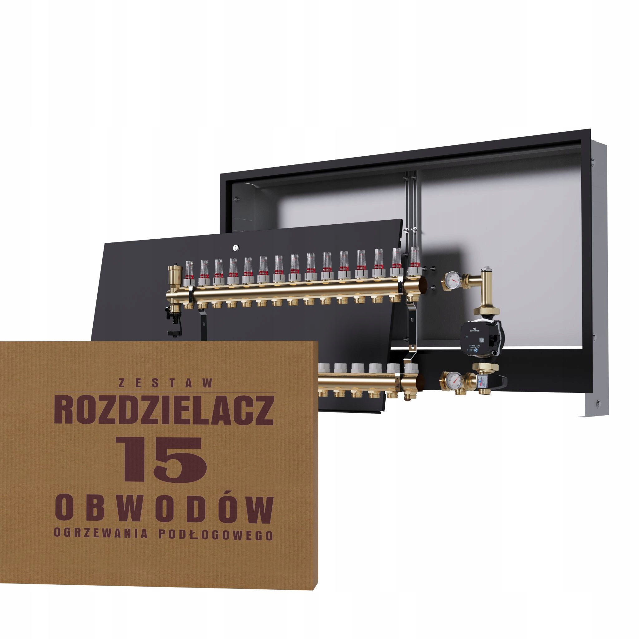 Rozdělovač pro podlahovku 15 okruhů a čerpadlo Grundfos nástěnný černý