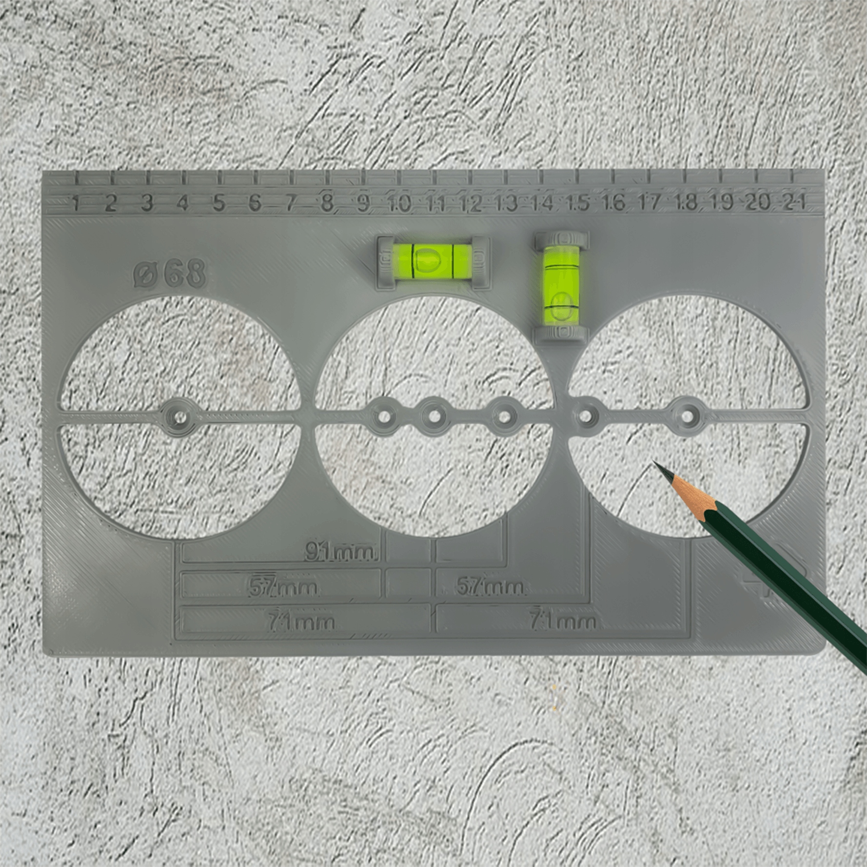 SZABLON DO WYMIAROWANIA OTWORÓW PUSZEK PRĄDOWYCH Z LIBELLĄ POZIOMICĄ Materiał tworzywo sztuczne
