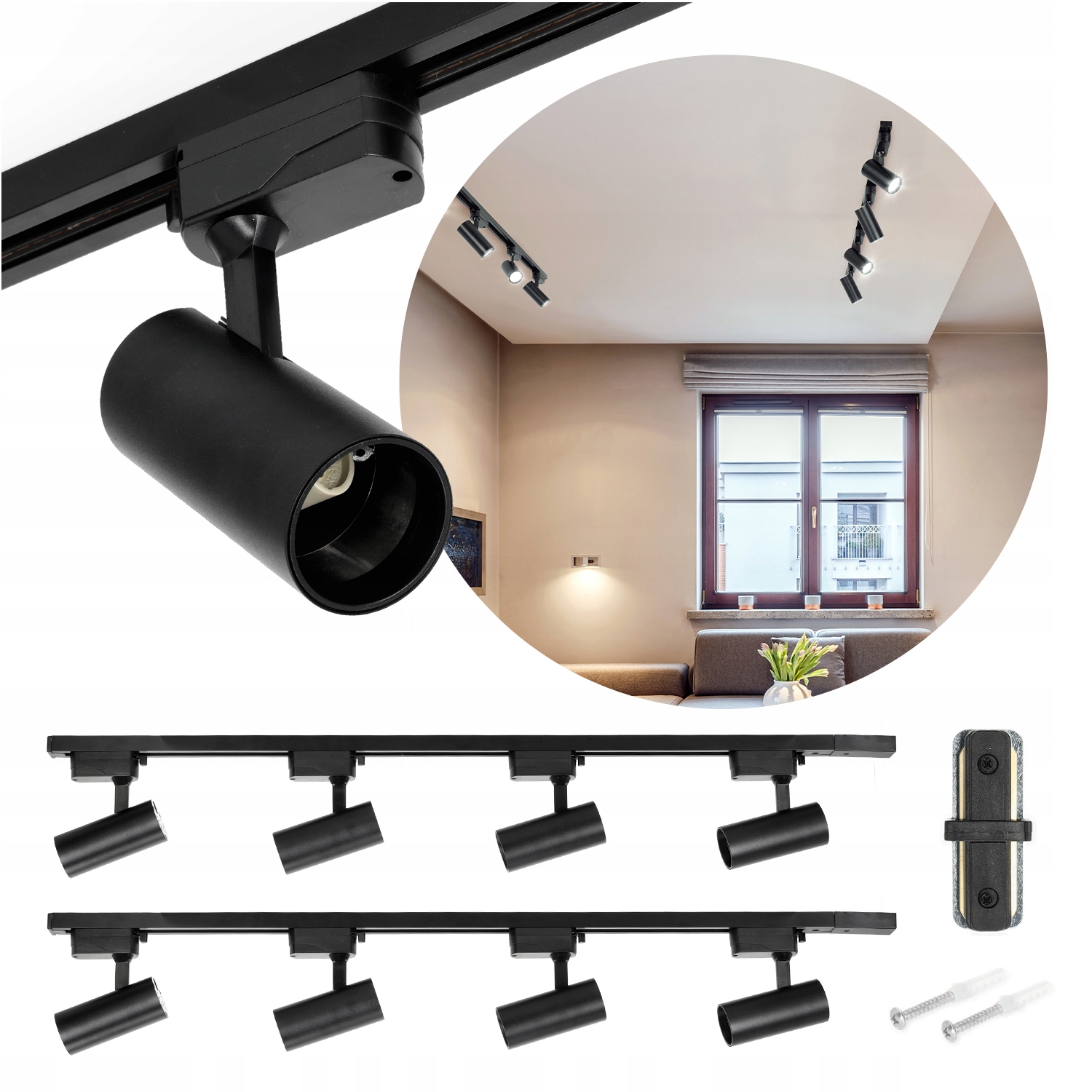 1-fázové koľajnicové osvetlenie Sada koľajníc 2m+8 Svietidlá GU10 Napájanie čierna