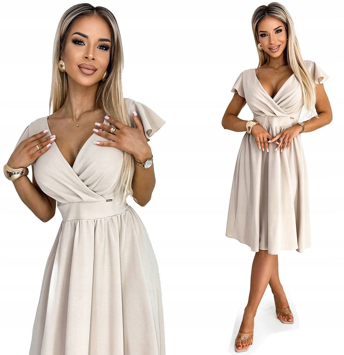 Rozkládací Šaty S Krátkým Rukávem, Zavinovací Výstřih, Béžová, L