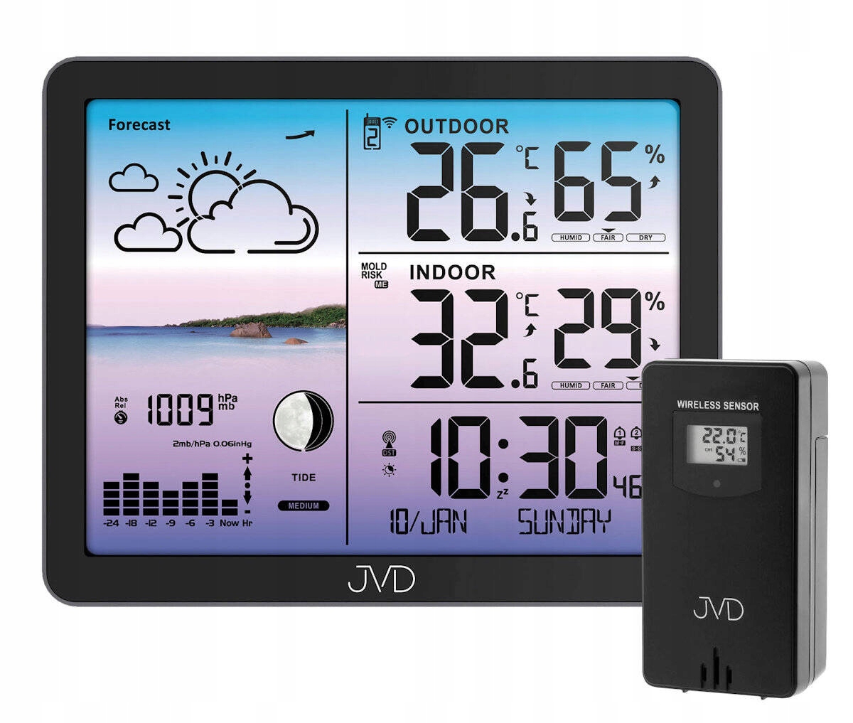 Podsvícená Meteostanice Jvd RB3566.1 Alarmy Sonda Tlak Plíseň Dcf