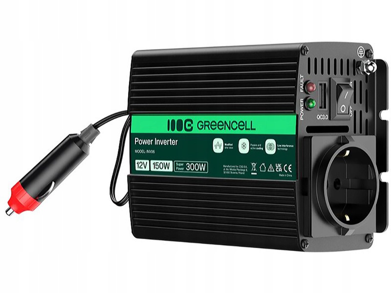 Przetwornica samochodowa Green Cell 12V do 230V, 150W/300W