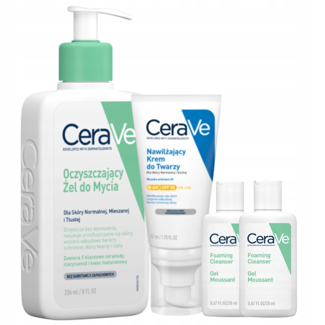 CeraVe Zestaw Nawilżający Krem Twarz Spf 50 52ml, Oczyszczający Żel 236ml