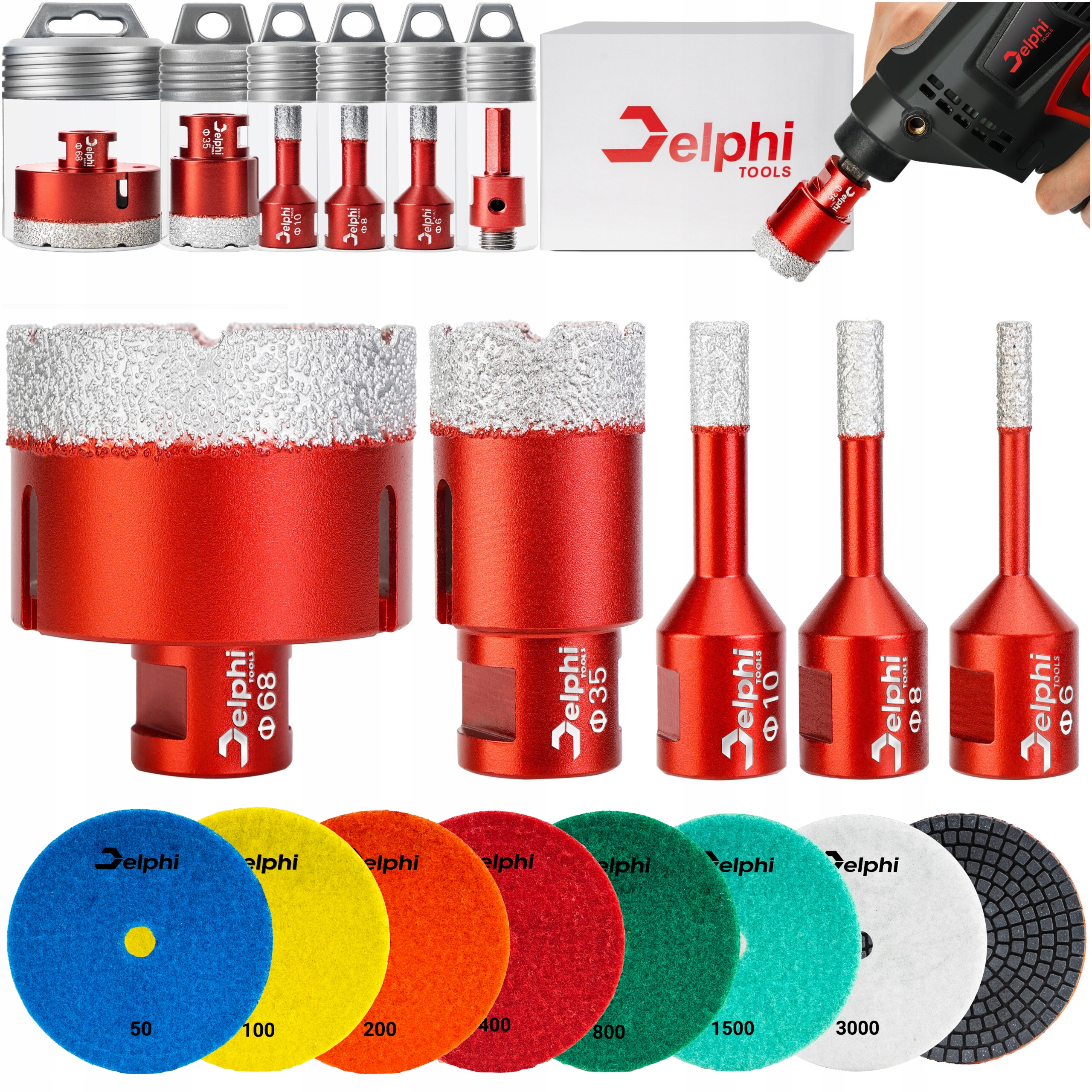 Korunkový Vrták Diamantová Korunka Na Gres M14 Set ⌀ 6,8,10,35,68 mm Kotouče