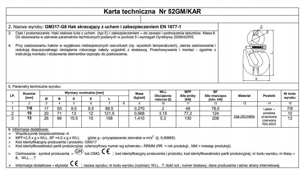 HAK SKRACAJĄCY Z UCHEM I ZABEZPIECZENIEM 10MM G8 WLL3.15T Marka inny