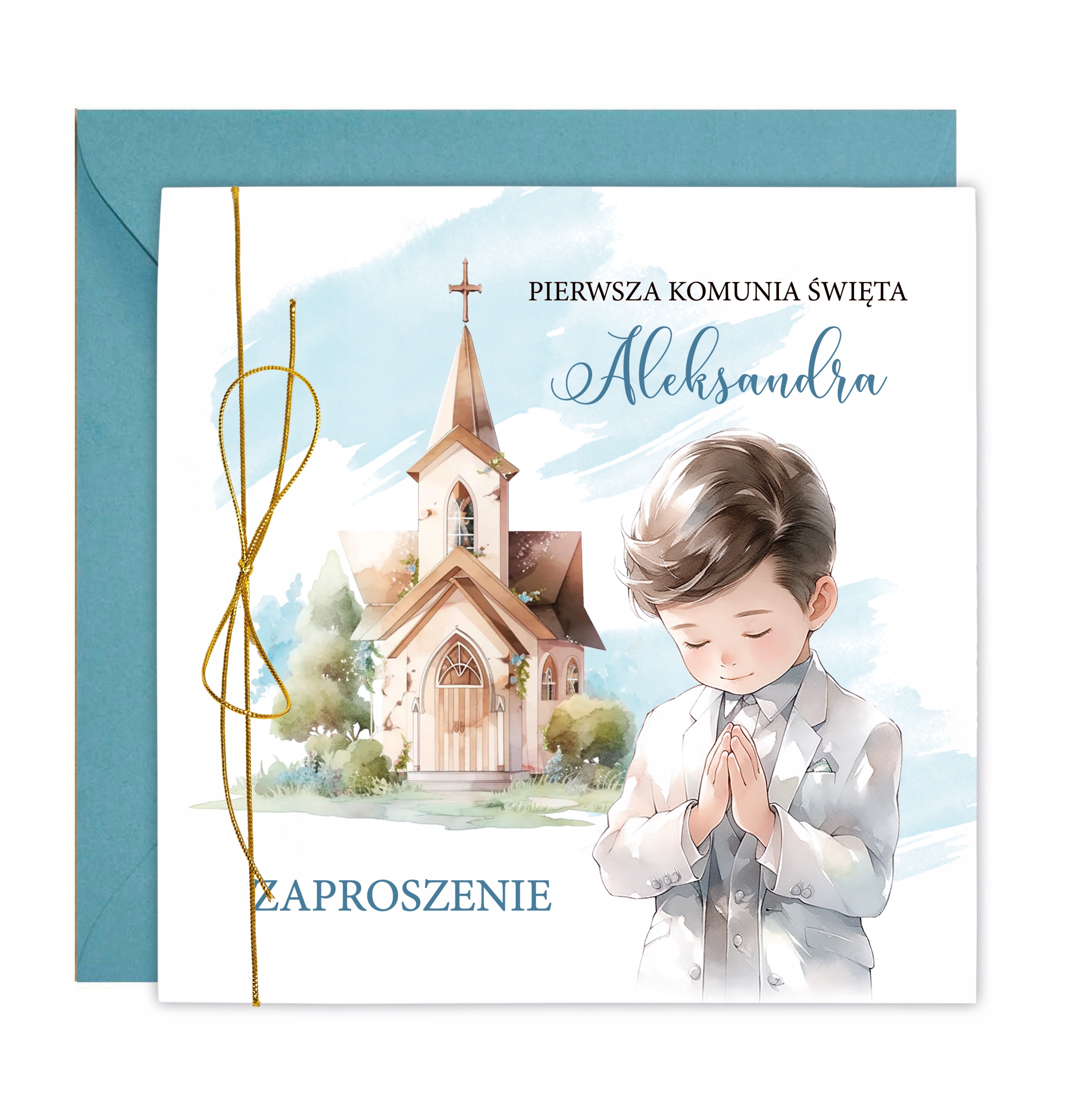 Zaproszenie na Komunię Świętą przyjęcie Koperta sznurek dla chłopca ZK14