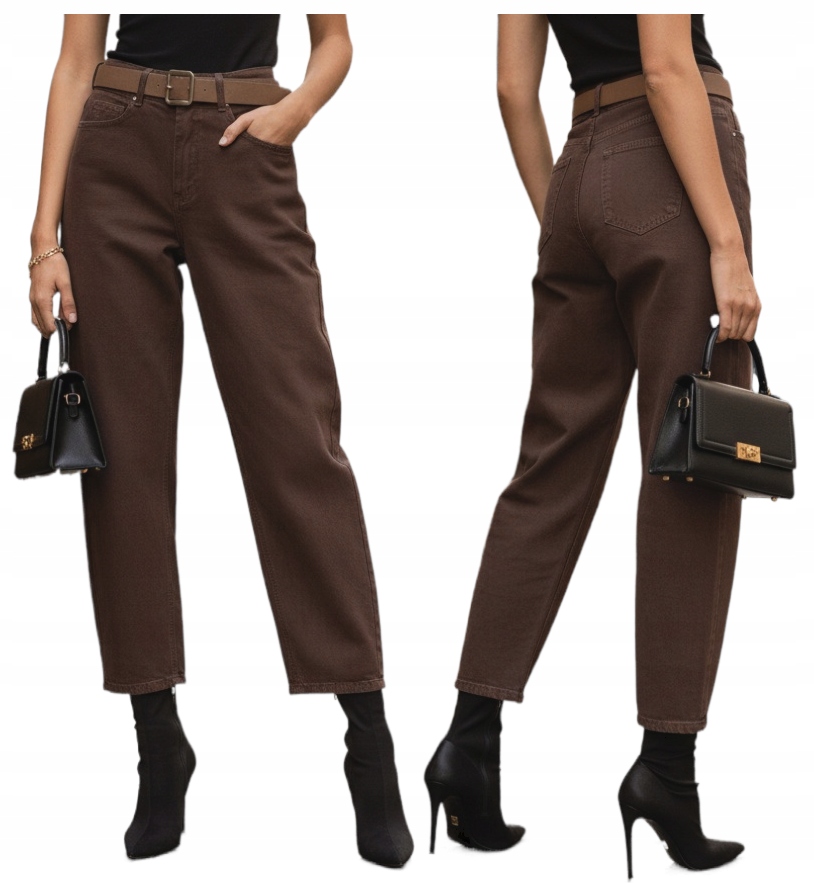 Spodnie Balloon Jeansy Brązowe Modne Damskie Luźne Wysoki Stan M/38