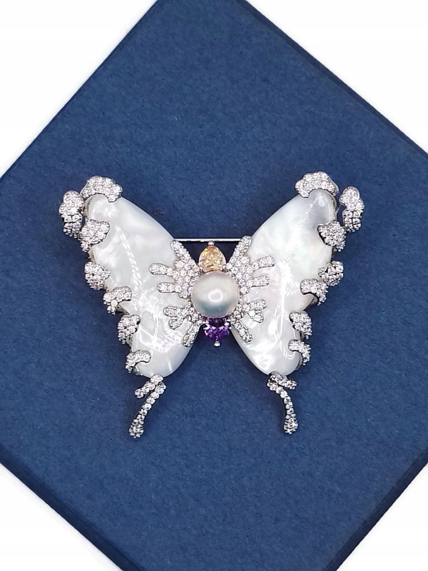 Luxusní Brož Brož , Bílá Mušle, Stříbrná, Rhodiová Dárek Krabička