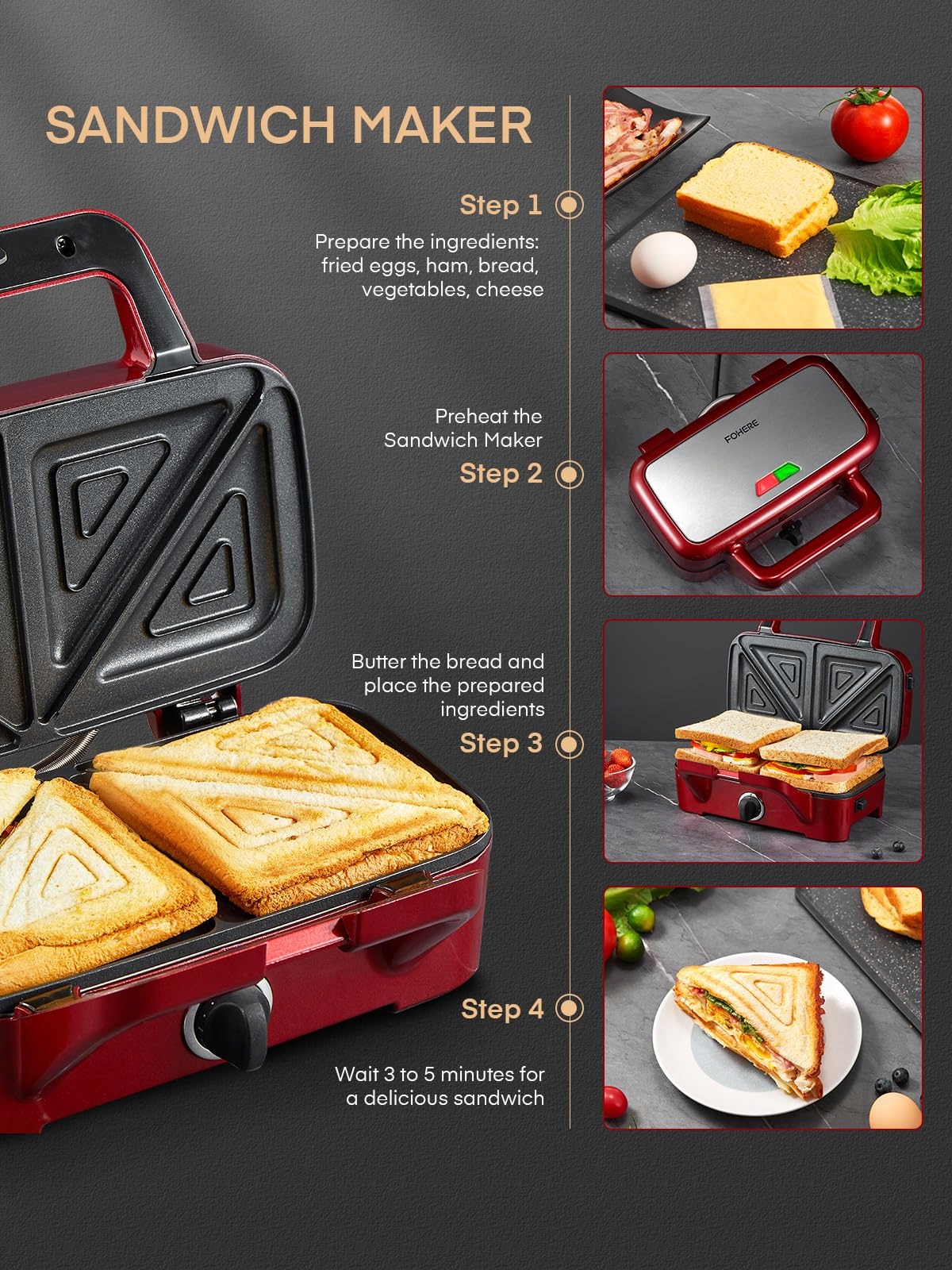 FOHERE 3W1 1200W Sandwich Maker Grill Toaster with Non-Slip Handle — miniatura 7