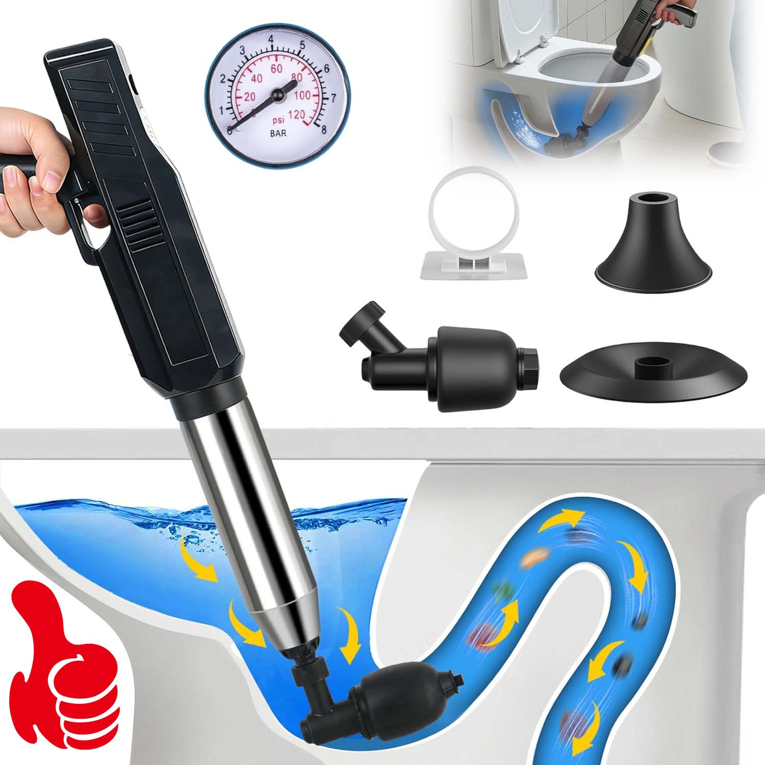 Ruční Tlakový Nástroj Trubek Pumpa Pistole 3 Nástavce Na Čištění Wc