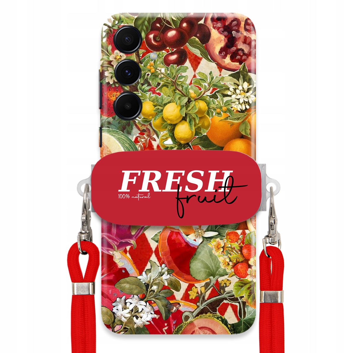 Puzdro pre Samsung A55 5G Červené Crossbody vodítko držiak Fresh Fruit Ovocie