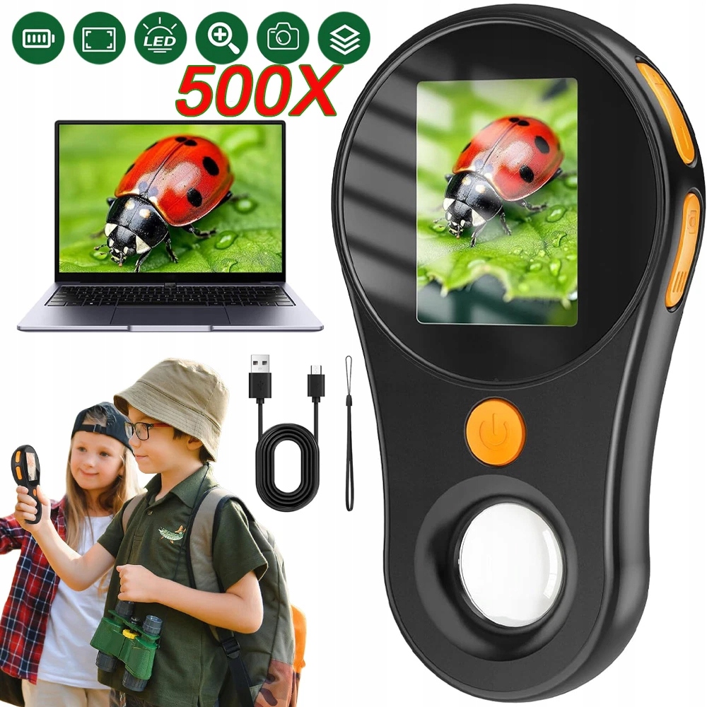 Přenosný mikroskop pro děti Mini Scope Kapesní přiblížení 500X Hd