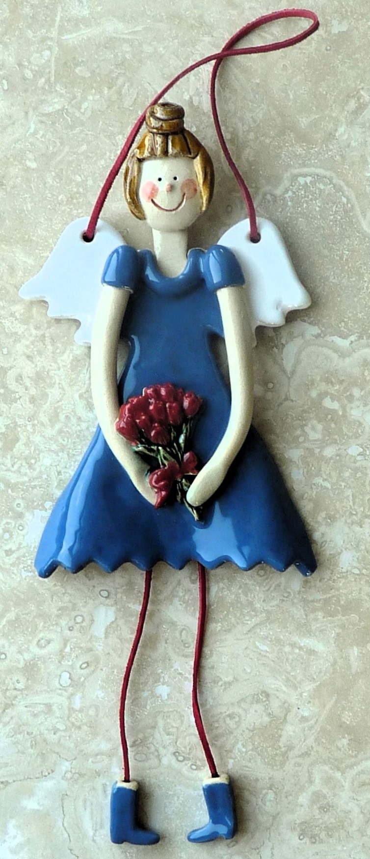 Keramická figurka Anděl Modrý Dívka s květinami Dárek 22 cm