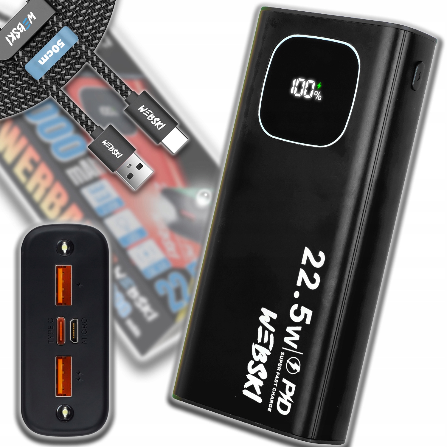 Power Bank 30 000 Mah Silný A Pevný Velký Prostorný Qc Pd+kabel Usb/usb-c 50 CM