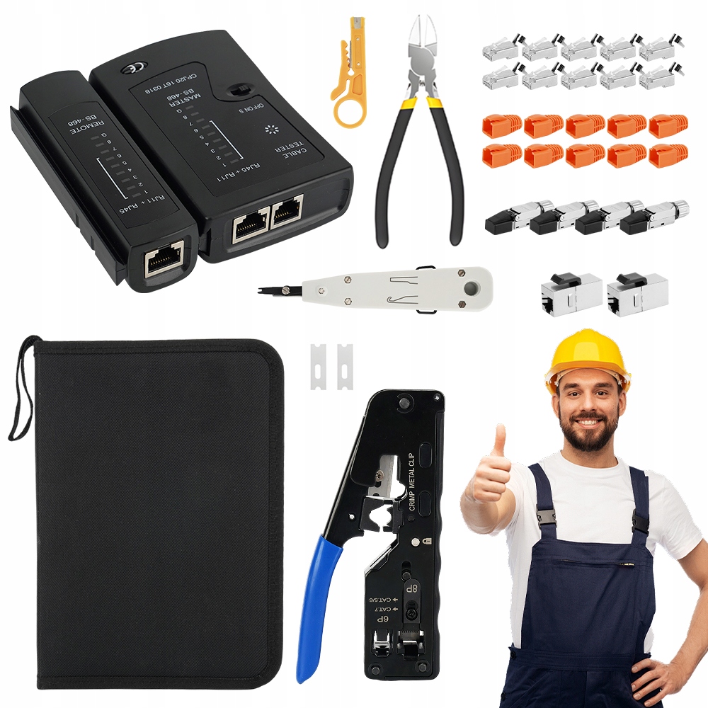 Síťový Tester Kabelů Krimpovač Lisovač RJ45/12/11 Sada Nářadí XXL