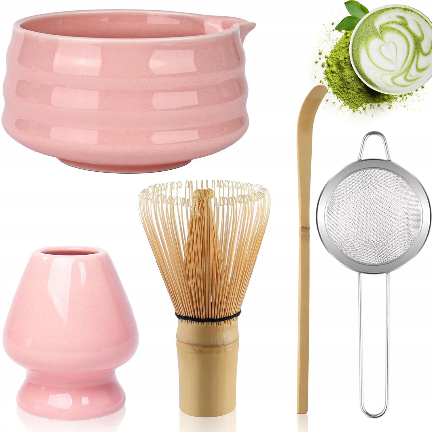Levně Růžová Sada Matcha S Metlou – Ručně Vyráběná, Vytváří Dokonalou Pěnu