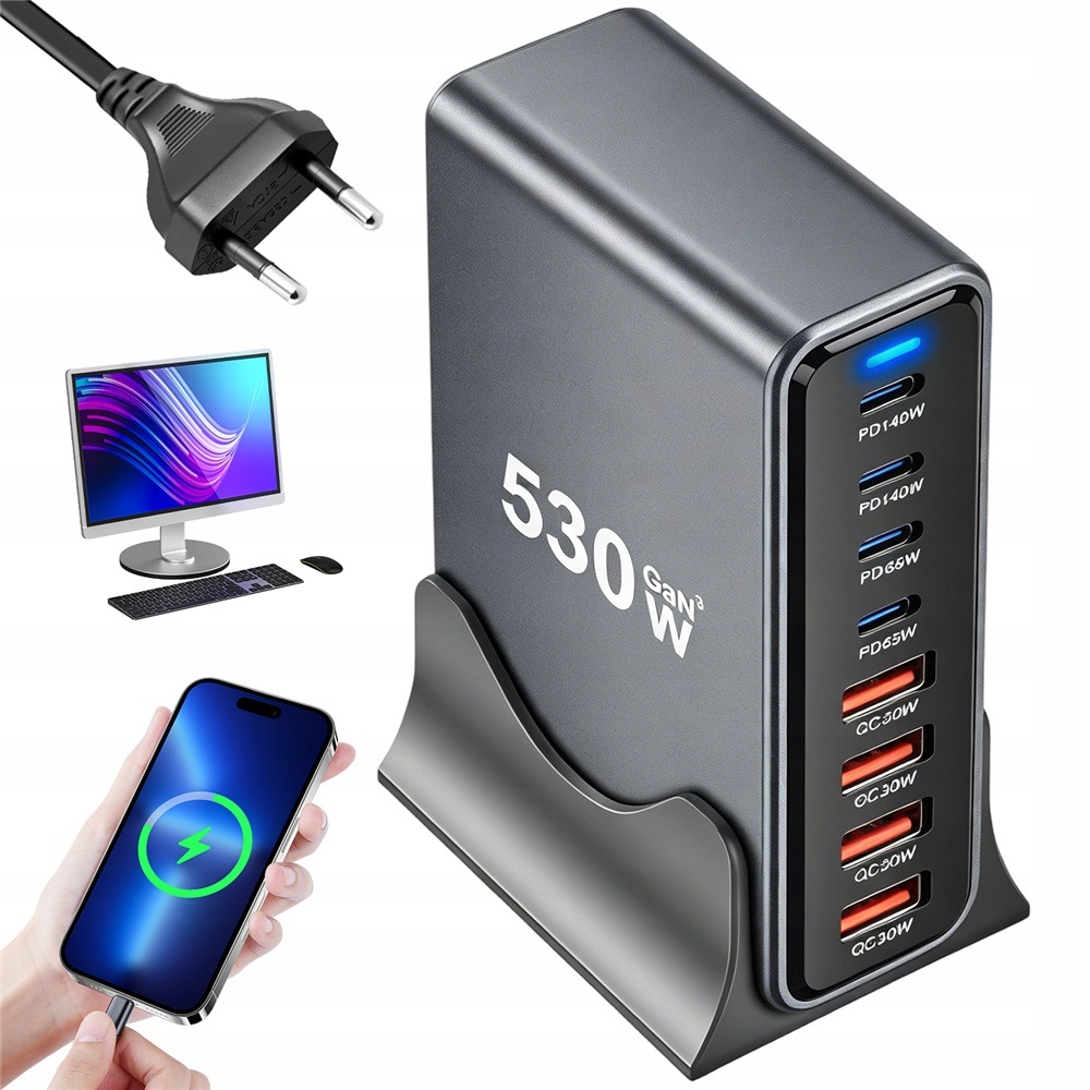 Výkonná Nabíječka Stanice Gan 530W Rychlá 8X Usb Typ C Pd Usb-a Pro Telefon