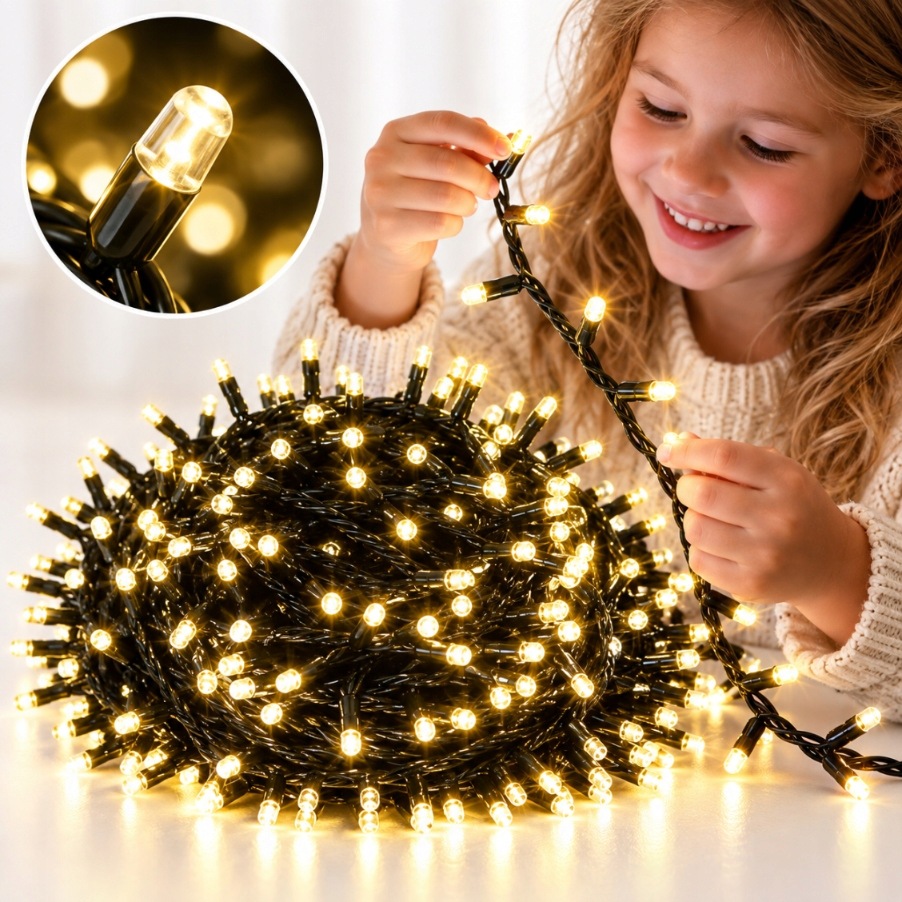 Led světelný řetěz, teplá bílá, 1000 Led diod, 63 m, pro zahradu, interiér i vánoční stromeček –