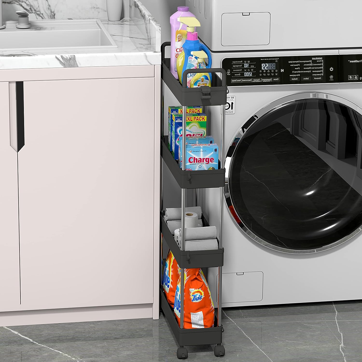 WĄSKA MOCNA PÓŁKA ŁAZIENKOWA KUCHENNA NA KÓŁKACH REGAŁ CZARNY SLIM Głębokość mebla 40 cm