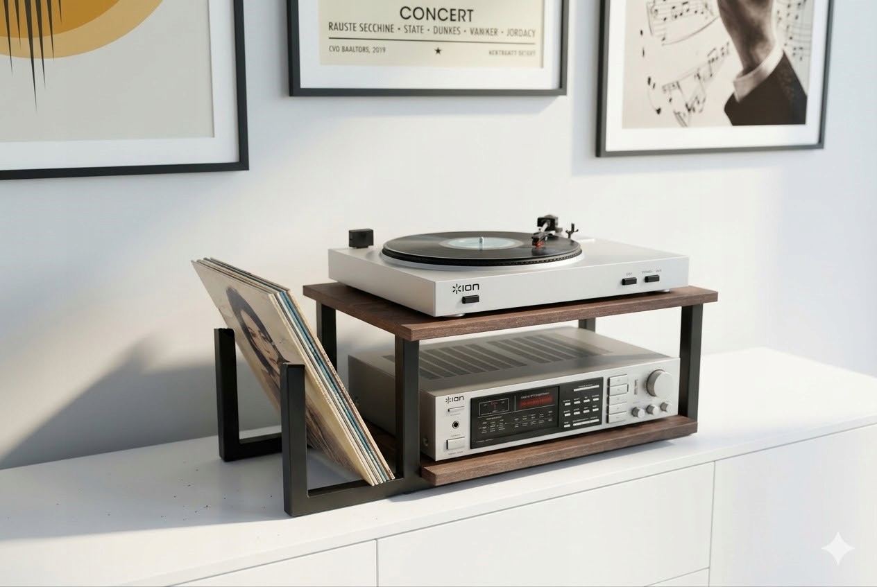 Stolík gramofón zosilňovač prehrávač stojan regál vinylové platne