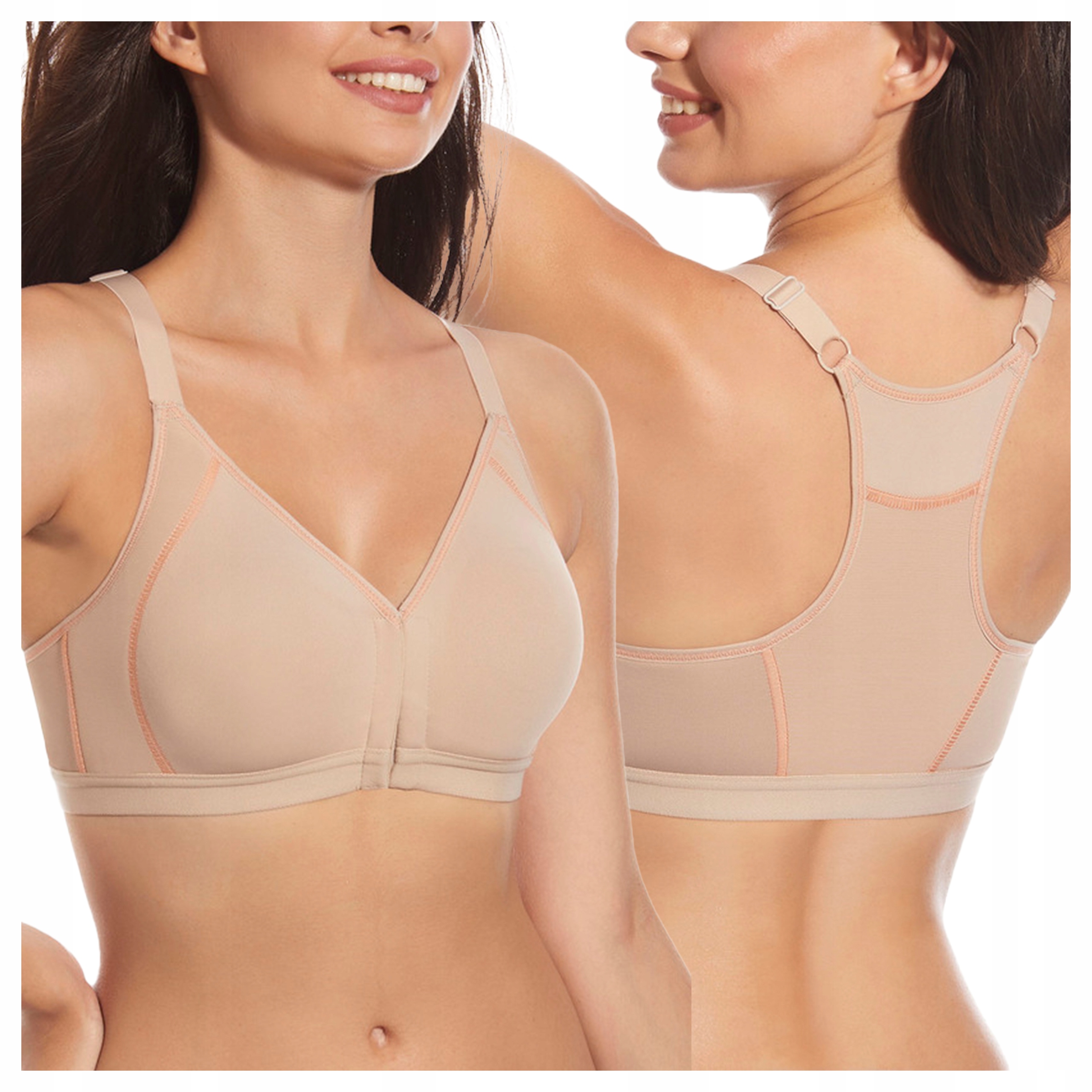 Miękki Biustonosz Sportowy Zapinany z Przodu Bez Fiszbin Beżowy 95C