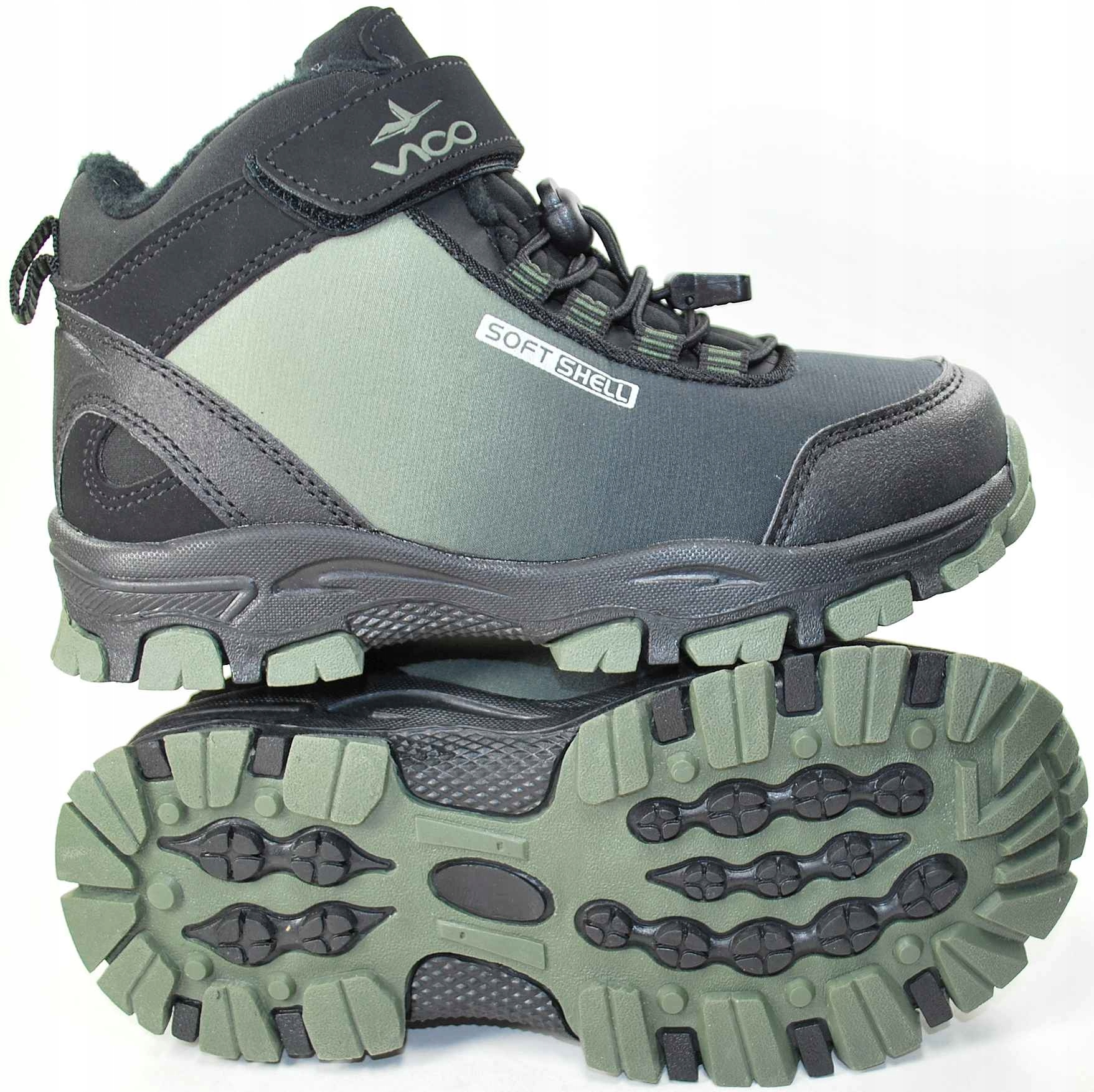 CZARNE KHAKI ciepłe kozaki sportowe buty SOFTSHELL dla chłopca na rzep r 35 Kolor dodatkowy zielony