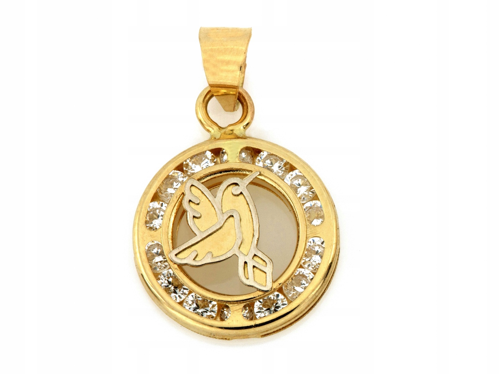 Zlatý přívěsek 585 kulatý s bílými zirkony ptáček kolibřík 0.72 g