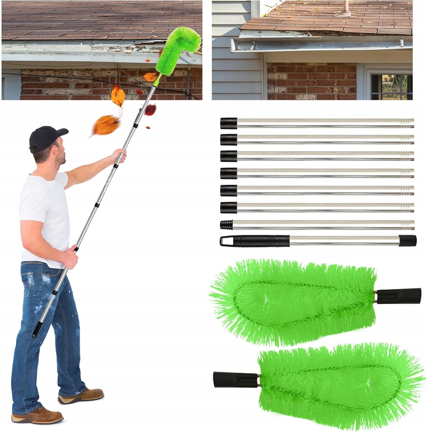 Levně Sada Na Čištění Okapů Kartáč Teleskopická Násada 310 CM Zelená