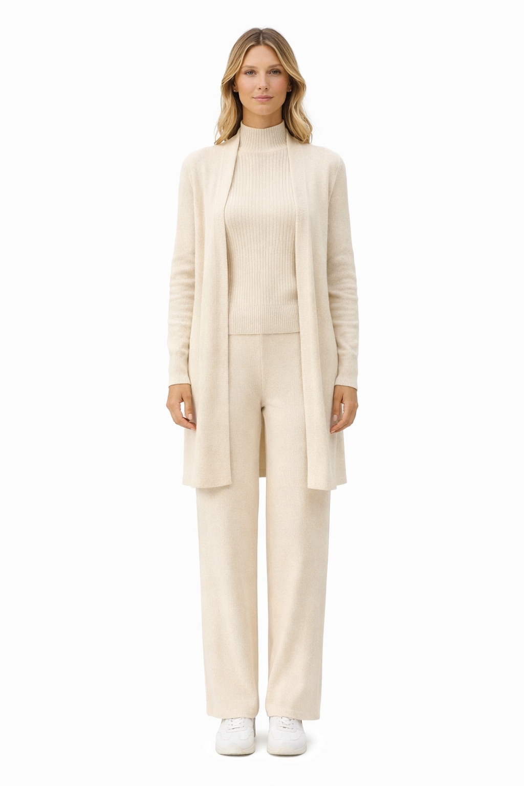 Krémový Komplet Dlouhý Kardigan A Svetr S Žebrováním S/m 1I3A