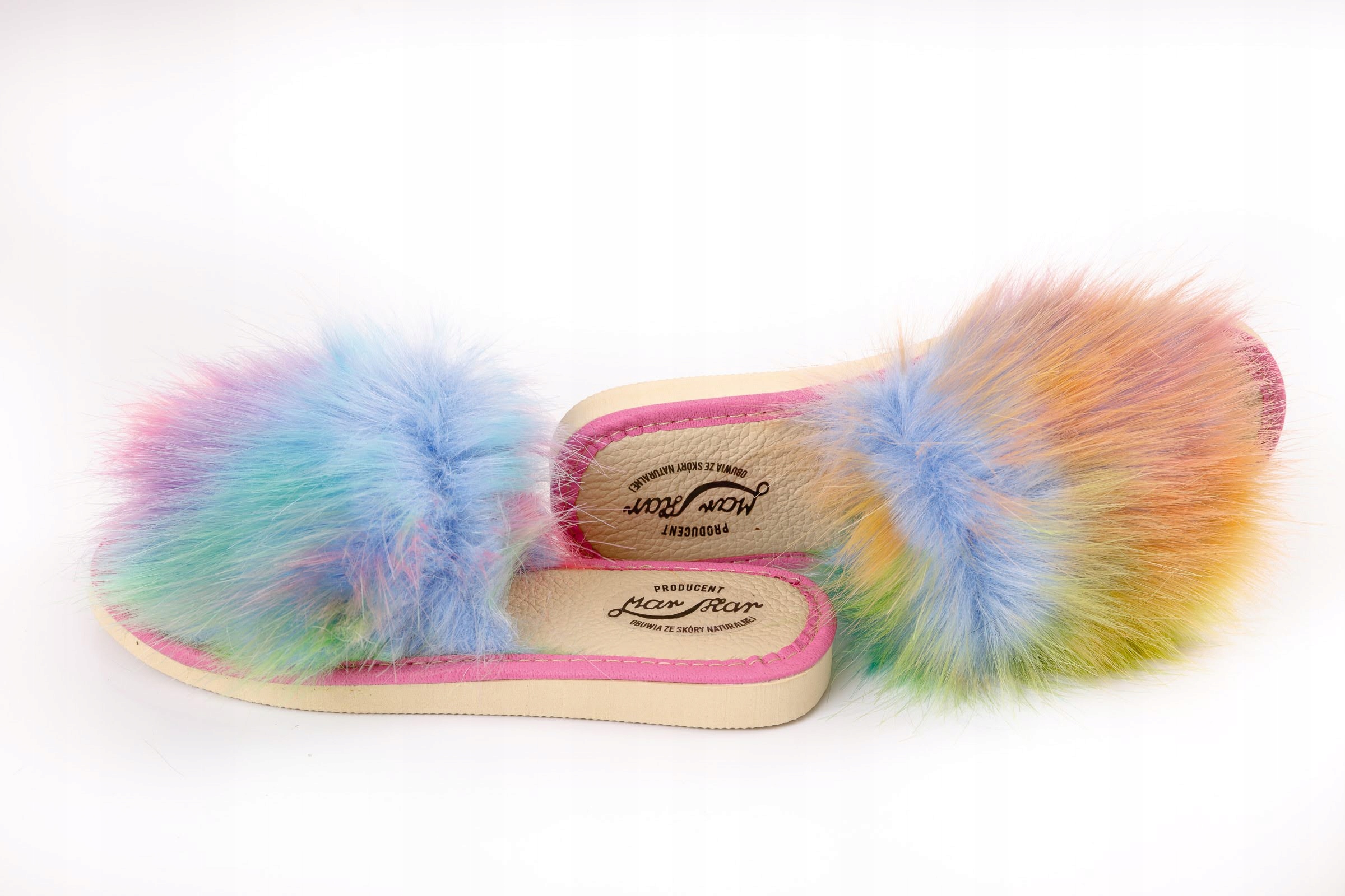 KOLOROWE KLAPKI DAMSKIE Z FUTERKIEM FUTRZAKI SKÓRA Rozmiar 42