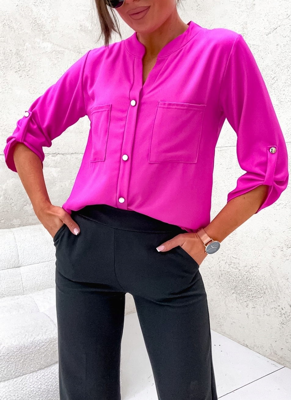 DAMSKA ELEGANCKA BLUZKA KOSZULA LUŹNA OZDOBNE GUZIKI PL PROD RÓŻ FUKSJA M Rozmiar M