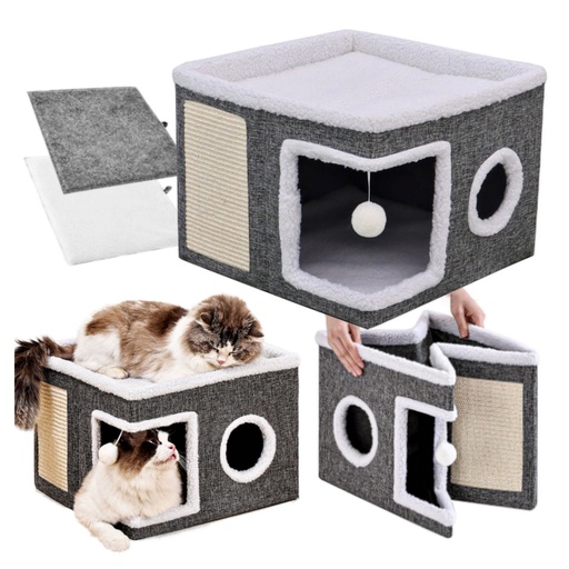 Levně Domeček Pro Kočky S Škrabadlem A Pelíškem Skládací 2V1 Nadýchaný S Hračkou