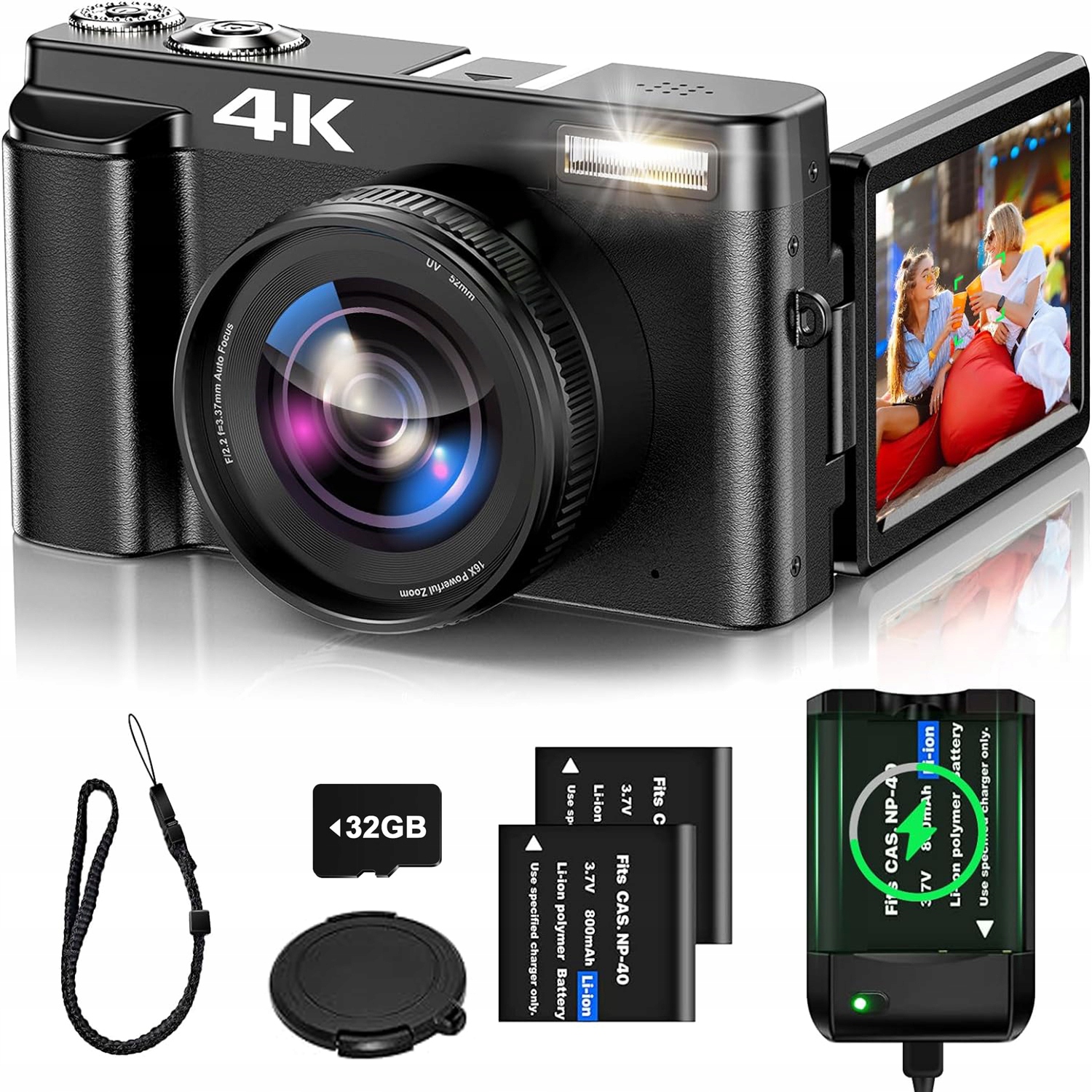 Kompaktní Digitální Fotoaparát S Selfie 16x Optický Zoom 4K 48MP 32GB Černý