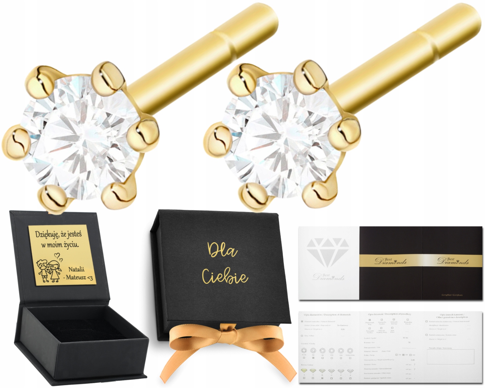 Zlaté Náušnice S Brilianty, Šrouby, Šrouby, Gravírování