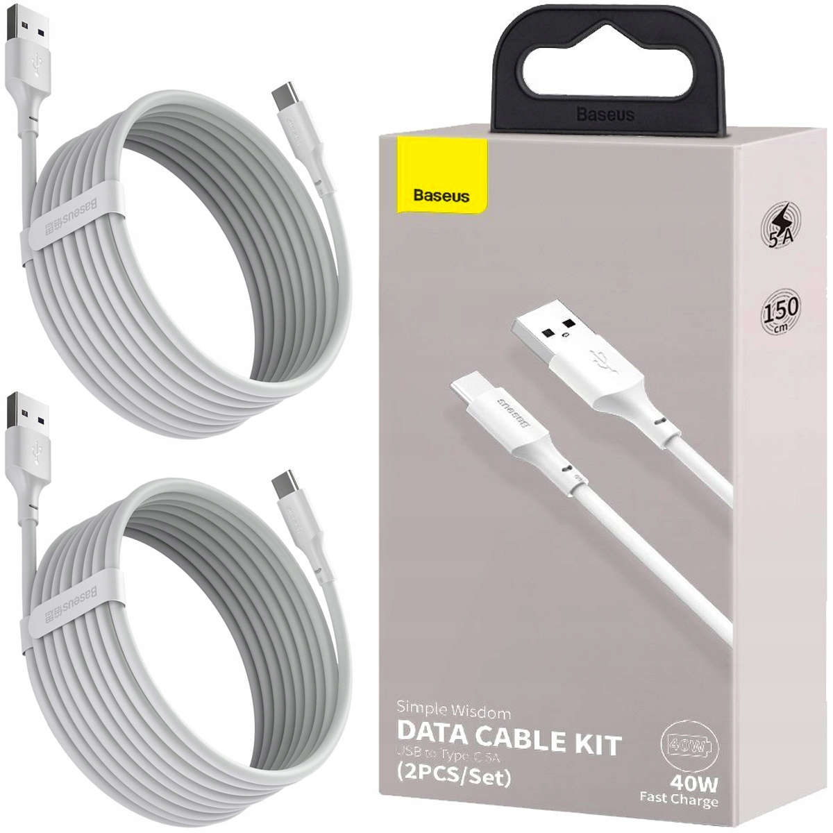 2X kabel USB-C BASEUS QC PD 40 W 5 A 1,5 m biały