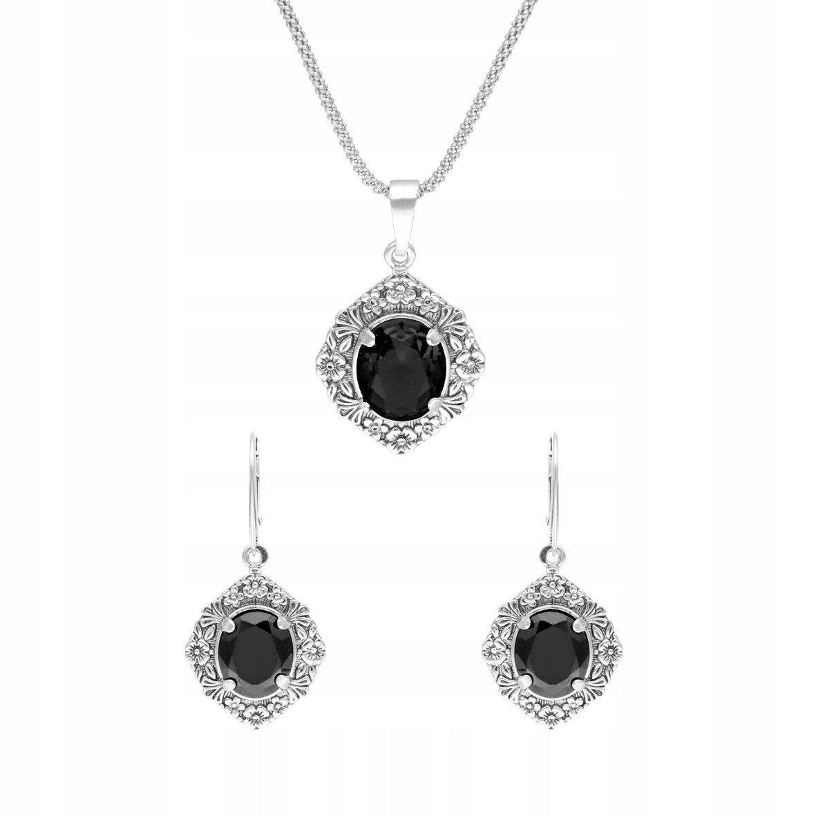 Komplet s černými zirkony a květinovým motivem stříbro