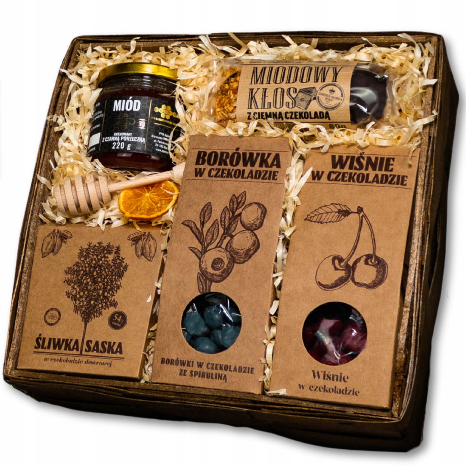 Eko Dárkový Koš – přírodní Sladkosti Švestky v čokoládě, med a Lanýž