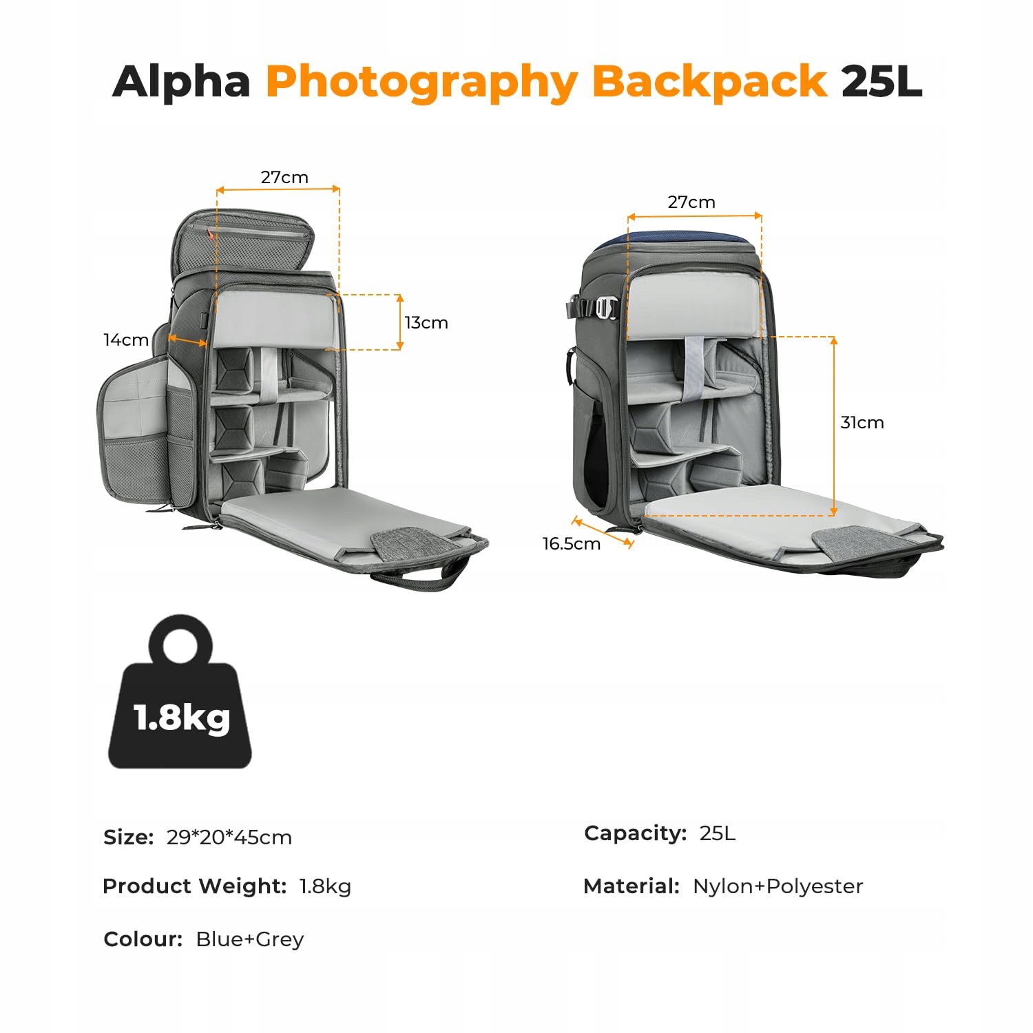 K&F CONCEPT Plecak Na Aparat Z Przegrodą Na Laptopa 16 Calowy 25L Niebieski — miniatura 7