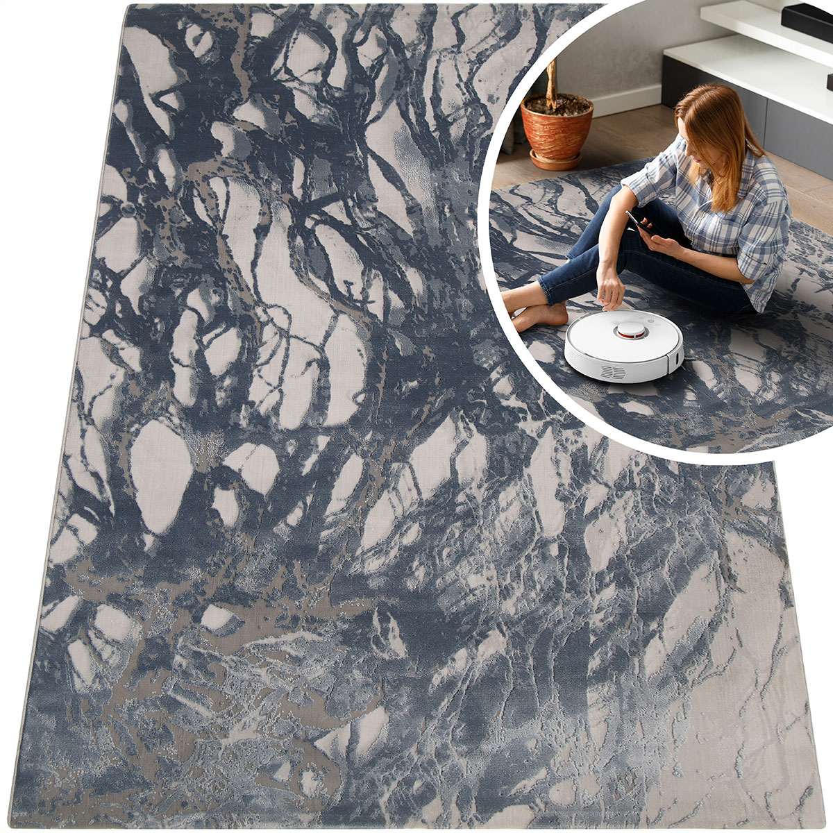 Módní Koberec Béžový Tmavě Modrý Valencia Moderní Měkký Do Obývacího Pokoje 60x110