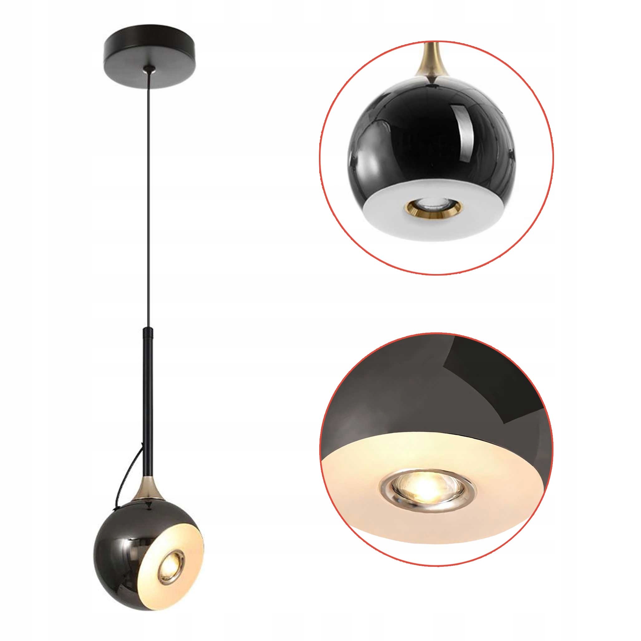 Moderná závesná Led lampa G087 Metalická guľa Čierna Zlatý magnet