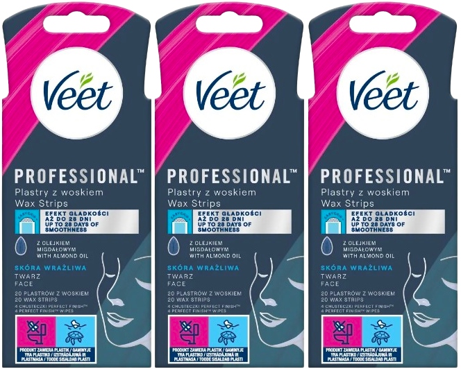 Veet Náplasti s voskem na depilaci obličeje pro citlivou pokožku 20 ks x 3