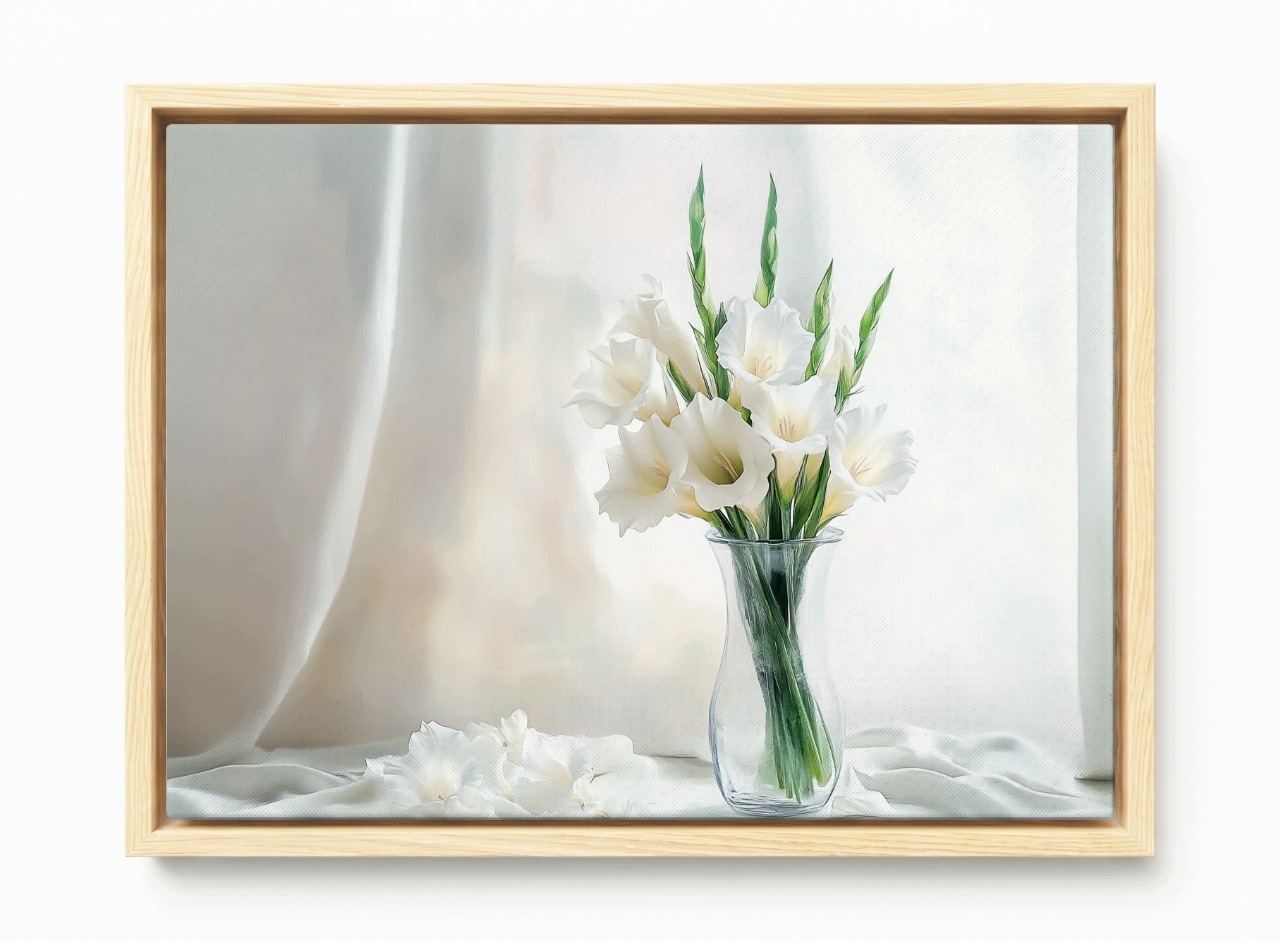 Obraz Rám American Box Květiny Bílé Gladiole Mečíky Váza Příroda 60x40