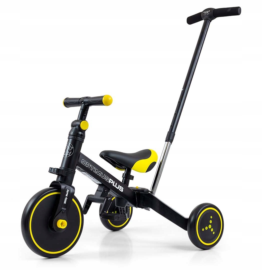 Rowerek trójkołowy Milly Mally Optimus Plus 4w1 czarny z żółtym 5308