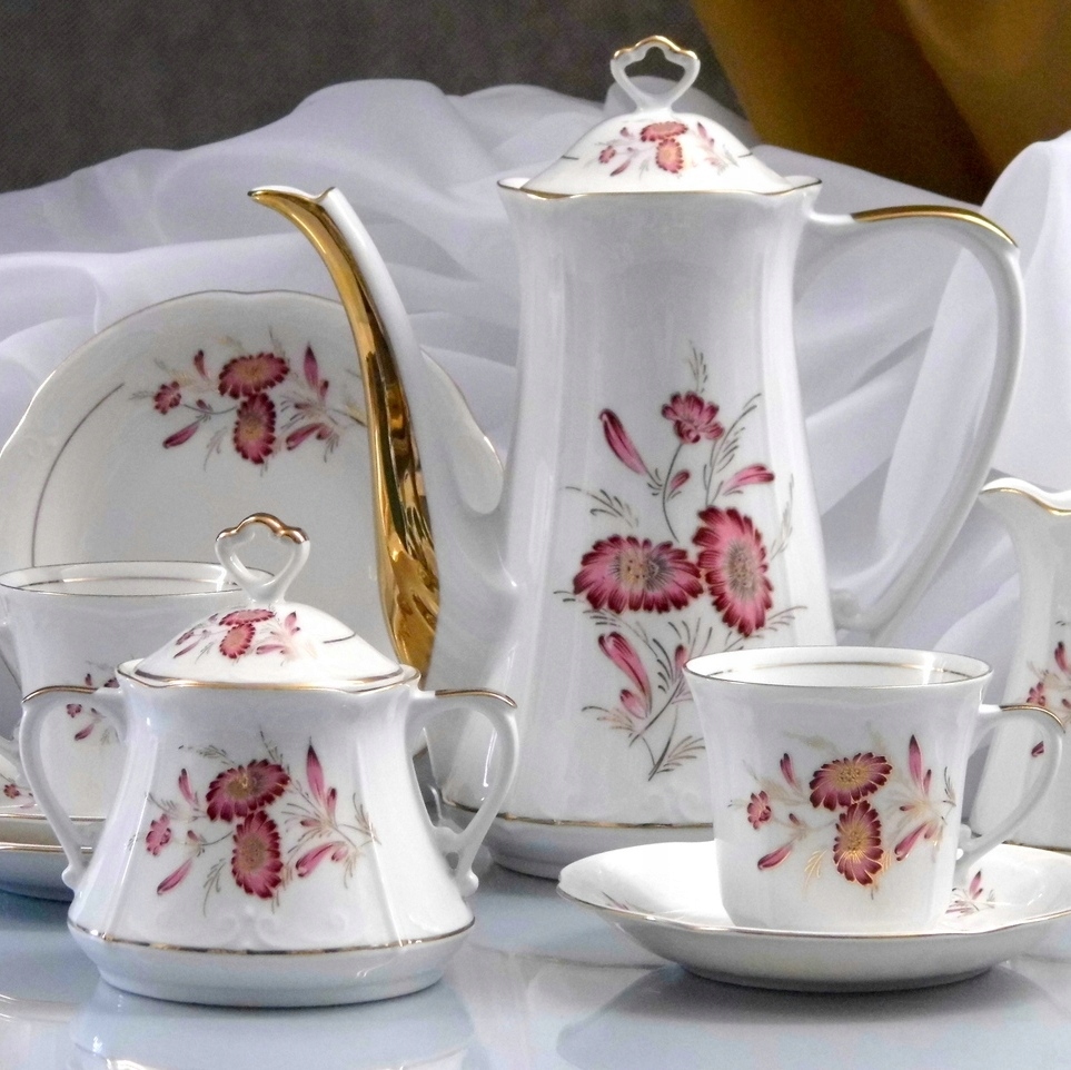 023 Serwis Kawowy 6/21 Margaretka Purpurowa Kamelia Malcer Porcelana