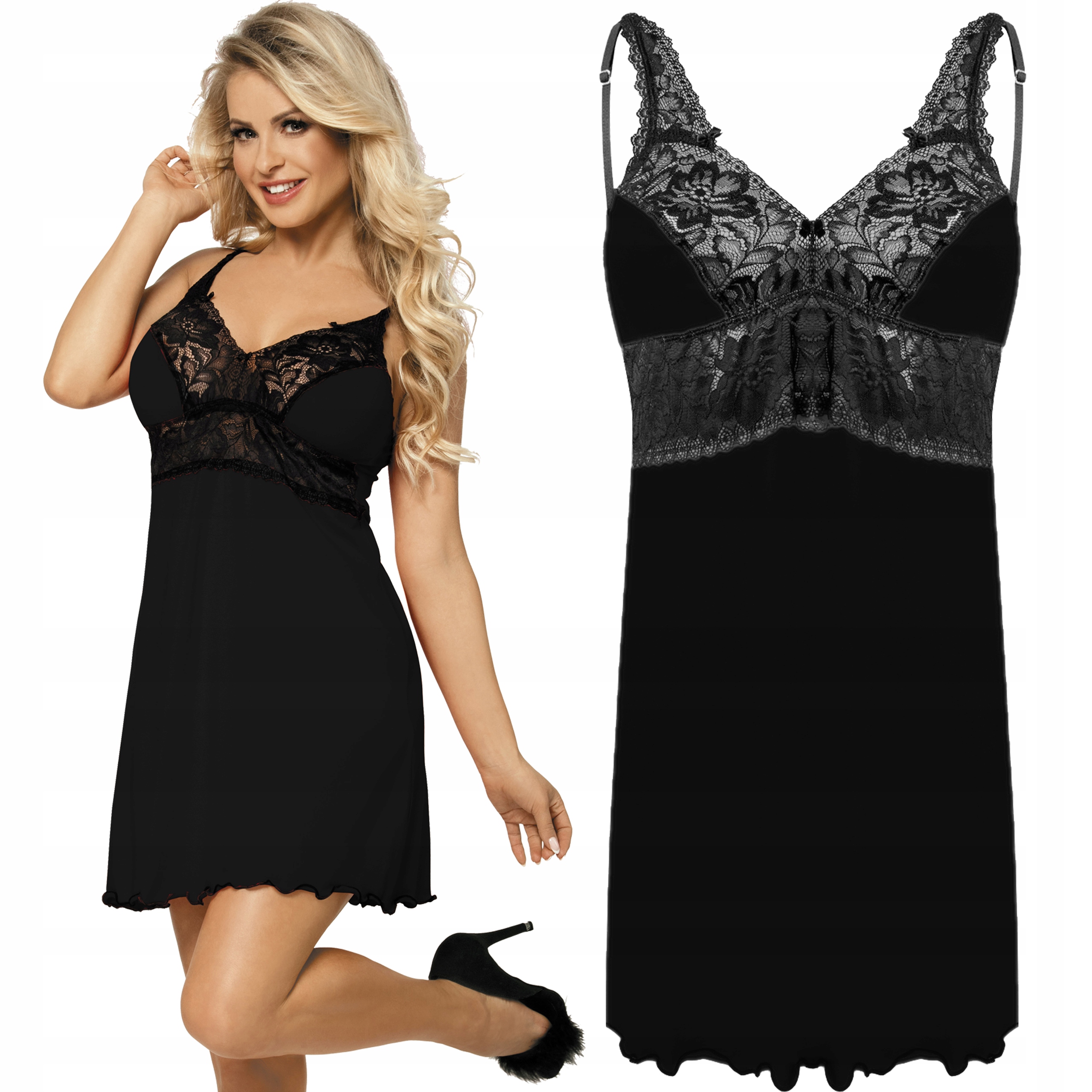 DKaren Natasha Koszulka Nocna z Wiskozy Czarny L Rękaw na ramiączkach