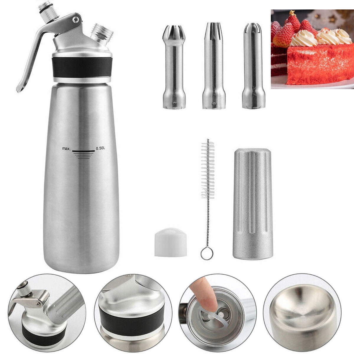 Hliníkový Sifon Na Šlehačku 0.5 L Se 3 Koncovkami Z Nerezové Oceli