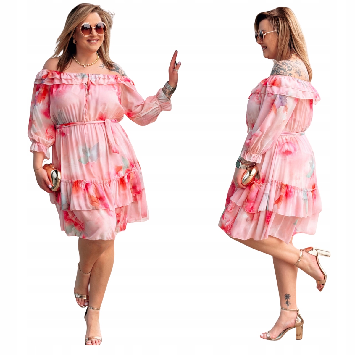Šaty Velké velikosti Plus Size Dámská Cavaricci Španělka Květiny Fuchsie