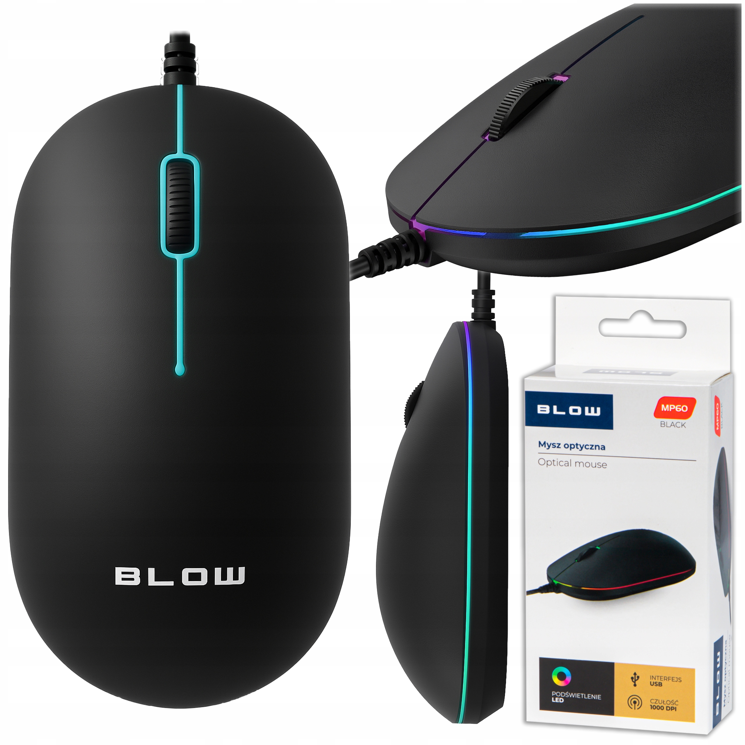 Mysz myszka optyczna Blow MP-60 komputerowa USB LED RGB przewodowa